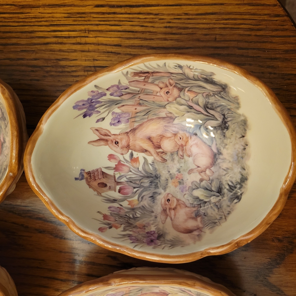 Set of 3 Cracker Barrel Charming Rabbit Art Bowls - Brown and Cream